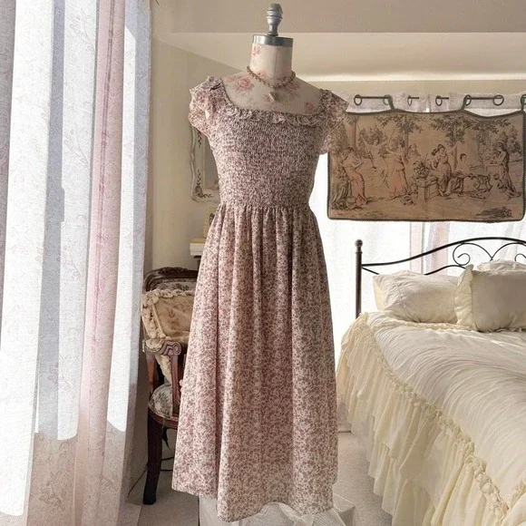 pink floral dainty cottagecore a line midi dress womens large - Picture 1 of 4